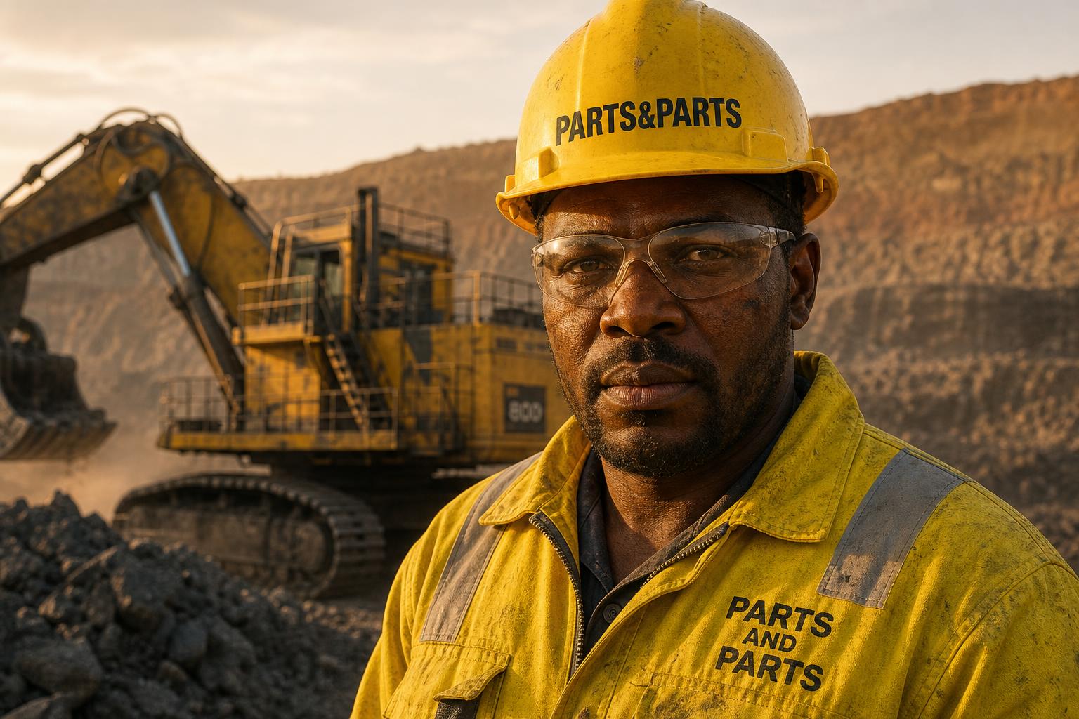 Mine worker wearing Parts and Parts branded yellow helmet and high-visibility jacket